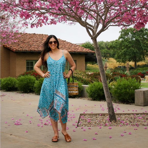 Chigant Sundress Midi Vacation Dress Floral Print Blue Color Size M Brand New - Picture 6 of 10